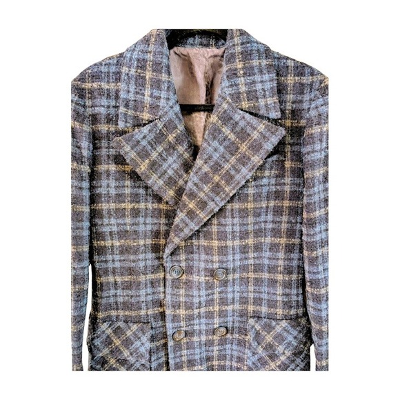 TAKESHY KUROSAWA Men's Blue Plaid Double Breasted Wool Blend Coat Size IT48/US - Picture 4 of 8